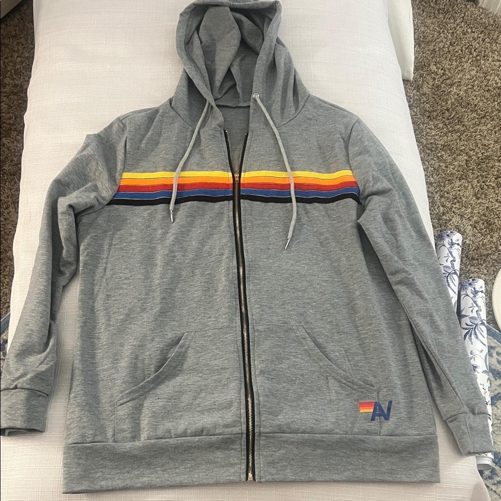 Grey Zip Hoodie with Rainbow Stripe